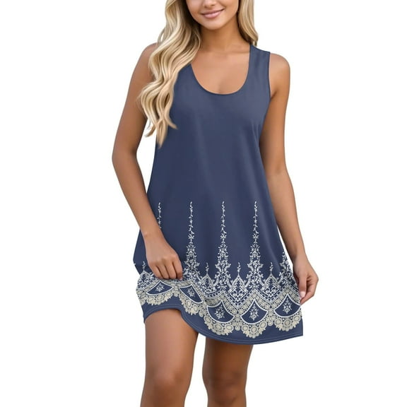 FrzhBrz Summer Dresses for Women Beach Boho Sleeveless Vintage Floral Flowy Pocket Tshirt Tank Sundresses