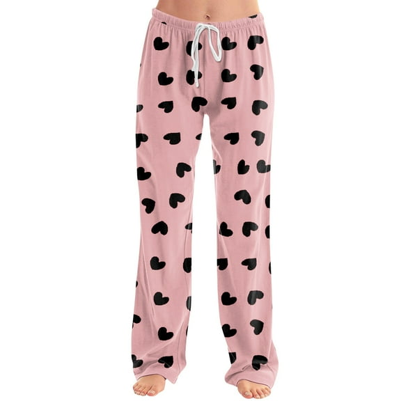 FrzhBrz Women's Valentines Day Comfy Pajama Pants Drawstring Lounge Pajama Pants Cute Love Heart Wide Leg Long Pj Sleep Trousers with Pockets
