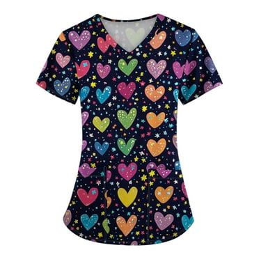 FrzhBrz Valentine's Day Scrub Tops Women Floral Print Scrub Tops Plus Size Stretch Nursing Tops Soft Nurse Uniform Overalls with Pockets
