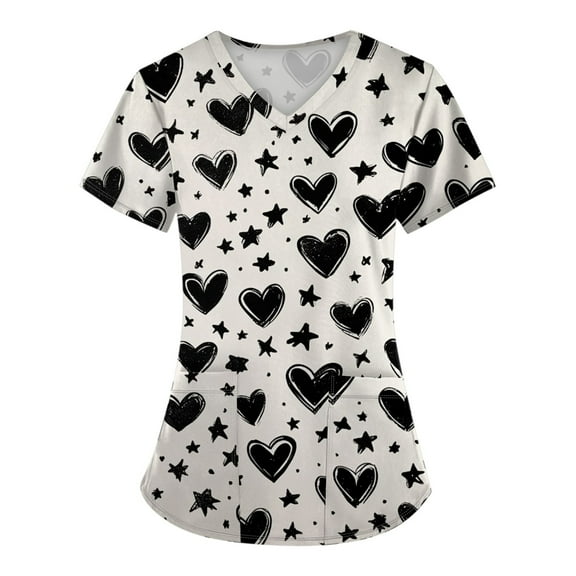 FrzhBrz Valentine's Day Scrub Tops Women Floral Print Scrub Tops Plus Size Stretch Nursing Tops Soft Nurse Uniform Overalls with Pockets