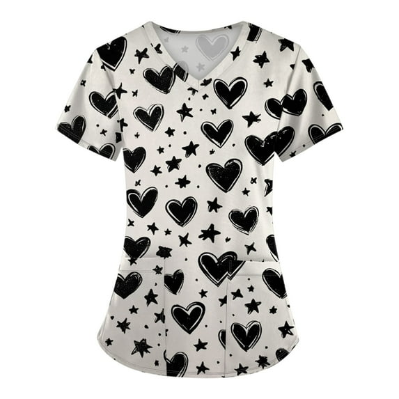 FrzhBrz Valentine's Day Scrub Tops Women Floral Print Scrub Tops Plus Size Stretch Nursing Tops Soft Nurse Uniform Overalls with Pockets