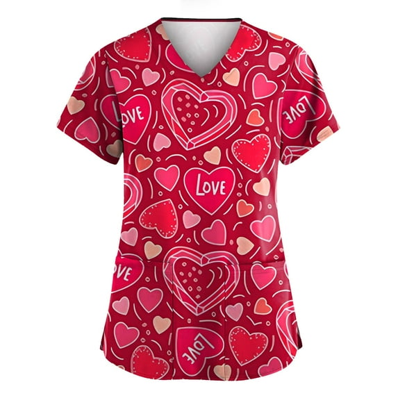 FrzhBrz Valentine's Day Scrub Tops for Women Cute Heart Nurse Scrubs Shirts V Neck Plus Size Workwear Valentines Nursing Uniform