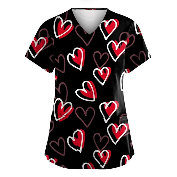 FrzhBrz Valentine's Day Scrub Tops for Women Cute Heart Nurse Scrubs Shirts V Neck Plus Size Workwear Valentines Nursing Uniform