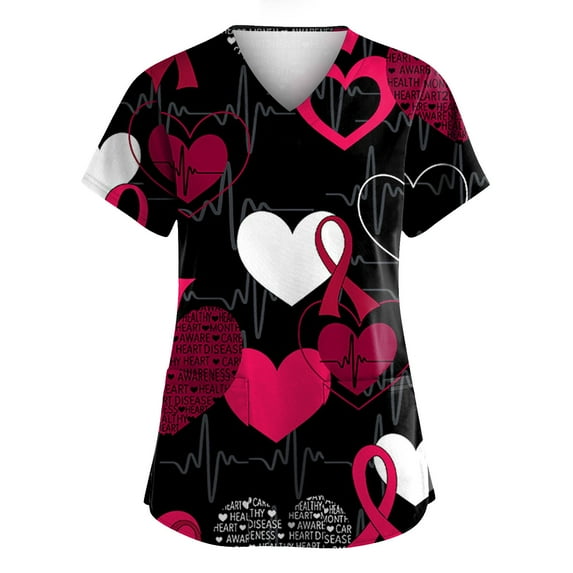 FrzhBrz Valentine's Day Scrub Tops for Women Cute Heart Nurse Scrubs Shirts V Neck Plus Size Workwear Valentines Nursing Uniform