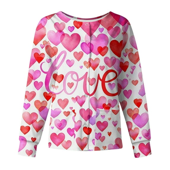 FrzhBrz Valentines Day Prints Women Scrubs Top Stretchy Love Heart Printed Long Sleeve Scrub Tops Snap Front Casual Loose Valentines Nurse Uniforms
