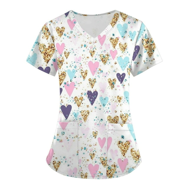 FrzhBrz Valentines Day Pro Scrubs for Women V-Neck Scrub Top Fun Medical Proffesional Short Sleeve Summer Working Shirts