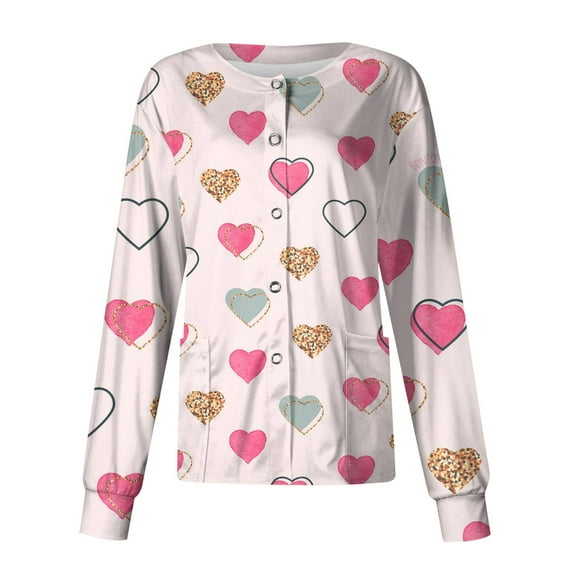 FrzhBrz Valentines Day Scrub Jacket for Women Long Sleeve Button Down Cute Print Valentine's Day Workout Casual Shirts