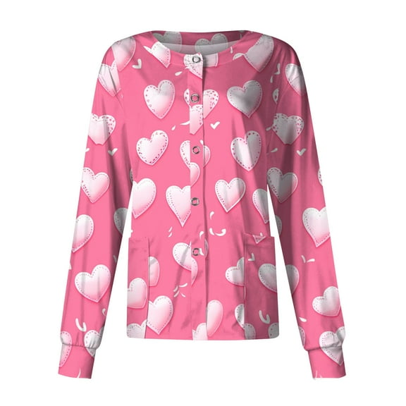 FrzhBrz Valentines Day Scrub Jacket for Women Long Sleeve Button Down Cute Print Valentine's Day Workwear Nursing Uniform