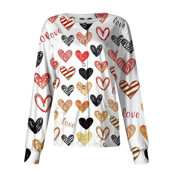 FrzhBrz Valentines Day Scrub Jackets for Women Large Stretchy Long Sleeve Love Heart Printed Scrubs Valentine's Day Medical Shirts Tops