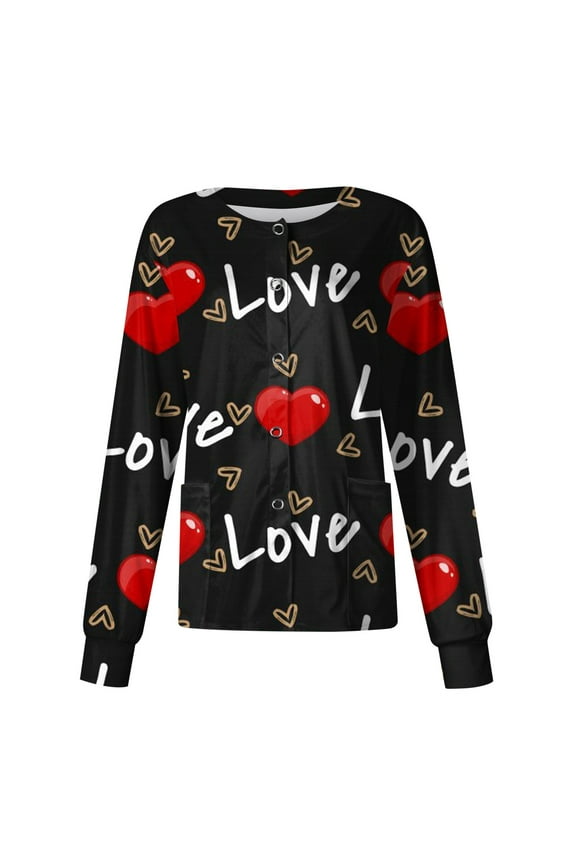 Valentines Day Scrub Jackets for Women Long Sleeve Snap Front Love Heart Scrub Tops Valentine's Day Scrubs Nurse Uniforms