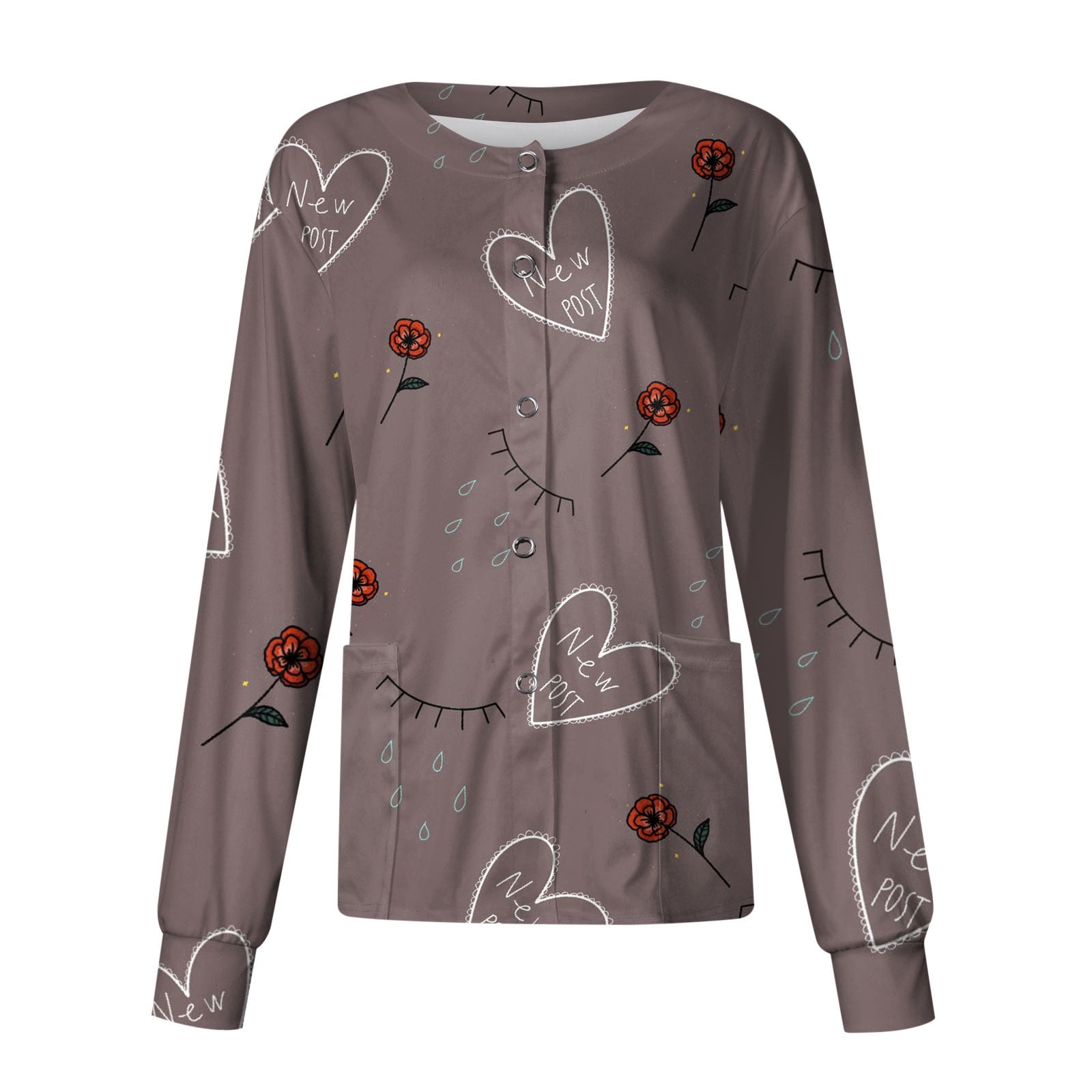 FrzhBrz Valentines Day Scrub Jackets for Women Plus Size Love Heart Print Nursing Scrubs Jacket Tops Snap Front Medical Nurse Workwear Tops