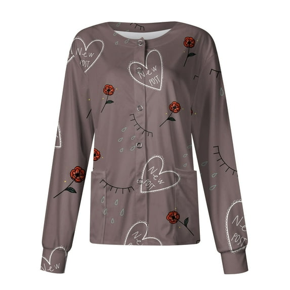 FrzhBrz Valentines Day Scrub Jackets for Women Plus Size Love Heart Print Nursing Scrubs Jacket Tops Snap Front Medical Nurse Workwear Tops