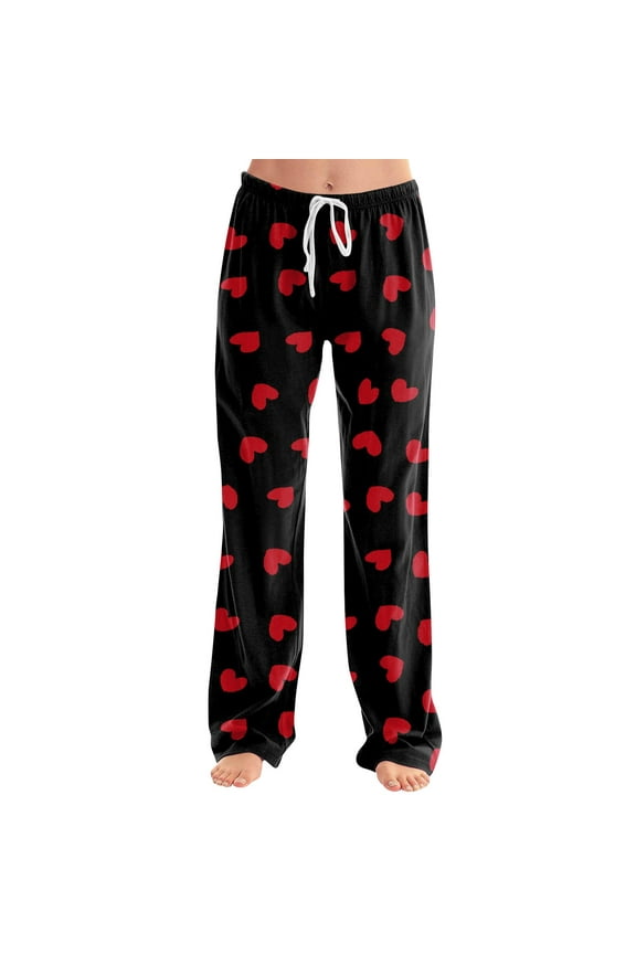 Women's Valentines Day Comfy Pajama Pants Drawstring Lounge Pajama Pants Cute Love Heart Wide Leg Long Pj Sleep Trousers with Pockets