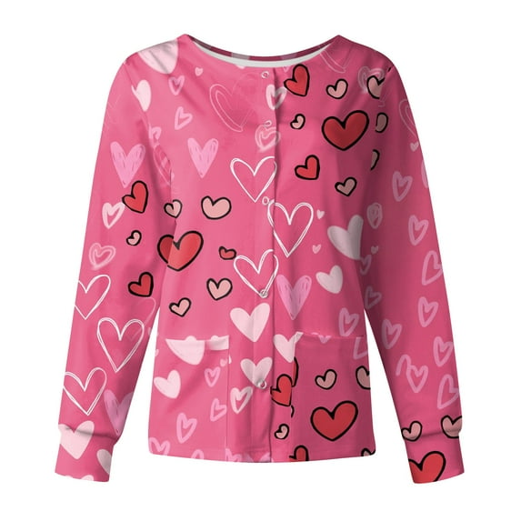 FrzhBrz Valentines Day Women's Scrub Jacket Plus Size Long Sleeve Fun Heart Printed Valentine's Day Workout Casual Shirts