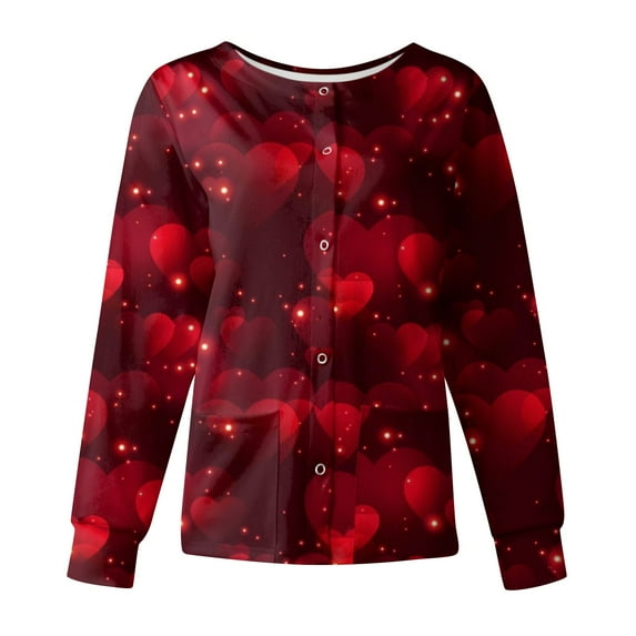 FrzhBrz Valentines Day Women's Scrub Jacket Stretchy Long Sleeve Love Heart Printed Scrubs Valentine's Day Nurse Uniforms
