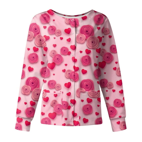 FrzhBrz Valentines Day Women's Scrub Long Sleeve Jacket Love Heart Print Nursing Scrubs Jacket Tops Snap Front Holiday Nursing Tops