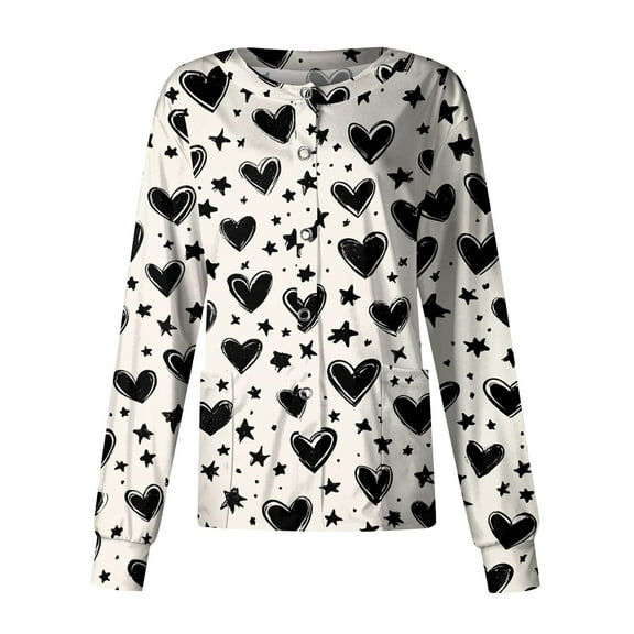 FrzhBrz Valentines Day Women's Scrub Long Sleeve Jacket Snap Front Cute Print Nursing Scurb Jacket Medical Shirts Tops