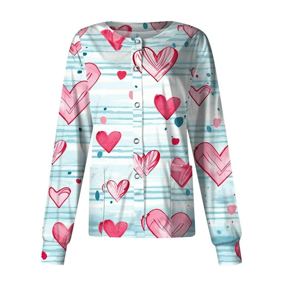 FrzhBrz Valentines Day Women's Scrub Long Sleeve Jacket Snap Front Cute Print Nursing Scurb Jacket Medical Shirts Tops