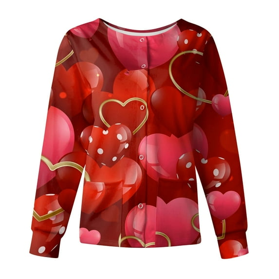 FrzhBrz Valentines Day Women's Scrub Long Sleeve Jacket Snap Front Love Heart Scrub Jacket Tops Valentines Working Uniform