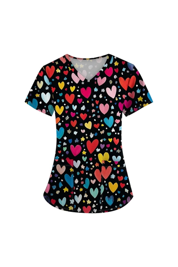 Valentines Day Women's V-Neck Scrub Tops Short Sleeve Cute Floral Printed Holiday Scrub Tops