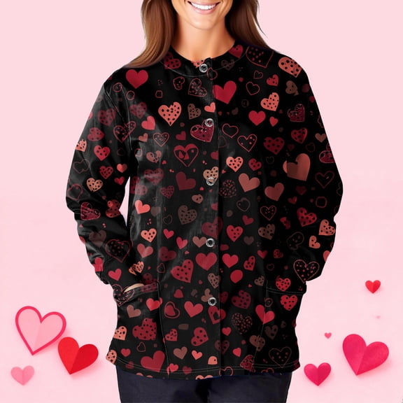 FrzhBrz Valentines Day Womens Scrub Jacket Long Sleeve Button Down Cute Print Valentine's Day Holiday Nurse Working Uniforms