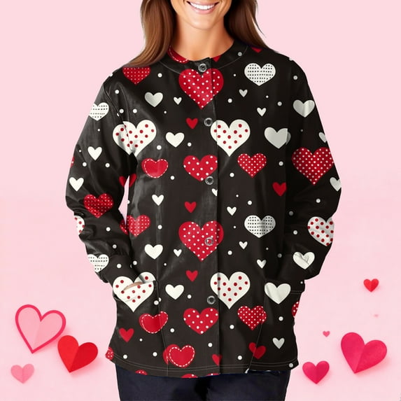 FrzhBrz Valentines Day Womens Scrub Jacket Long Sleeve Button Down Cute Print Valentine's Day Holiday Nurse Working Uniforms