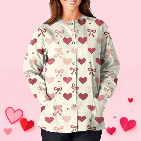 FrzhBrz Valentines Day Womens Scrub Jacket Long Sleeve Button Down Cute Print Valentine's Day Holiday Nurse Working Uniforms