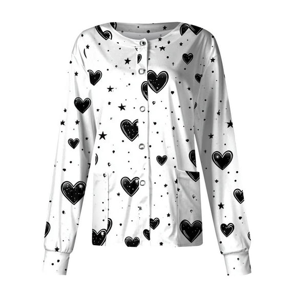FrzhBrz Valentines Day Womens Scrub Jacket Long Sleeve Button Down Cute Print Valentine's Day Holiday Nurse Working Uniforms