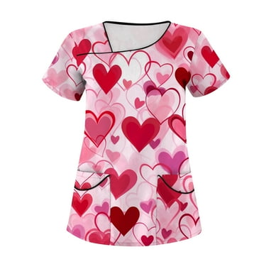 FrzhBrz Valentines Day Womens Scrub Tops Plus Size Scrubs Holiday Valentines Day Print Neck Shirt Easy Care Uniforms