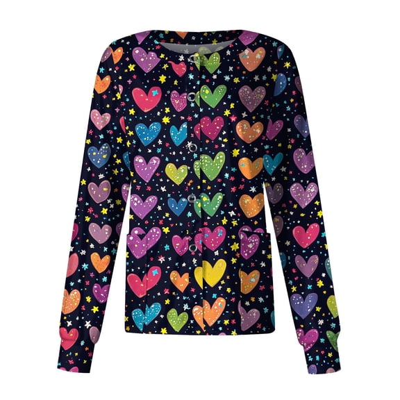 FrzhBrz Valentines Day Womens Scrub Tops Stretch Long Sleeve Cute Printed Scrub Jackets Loose Tunic Valentine's Day Holiday Fun Nurse Working Uniforms