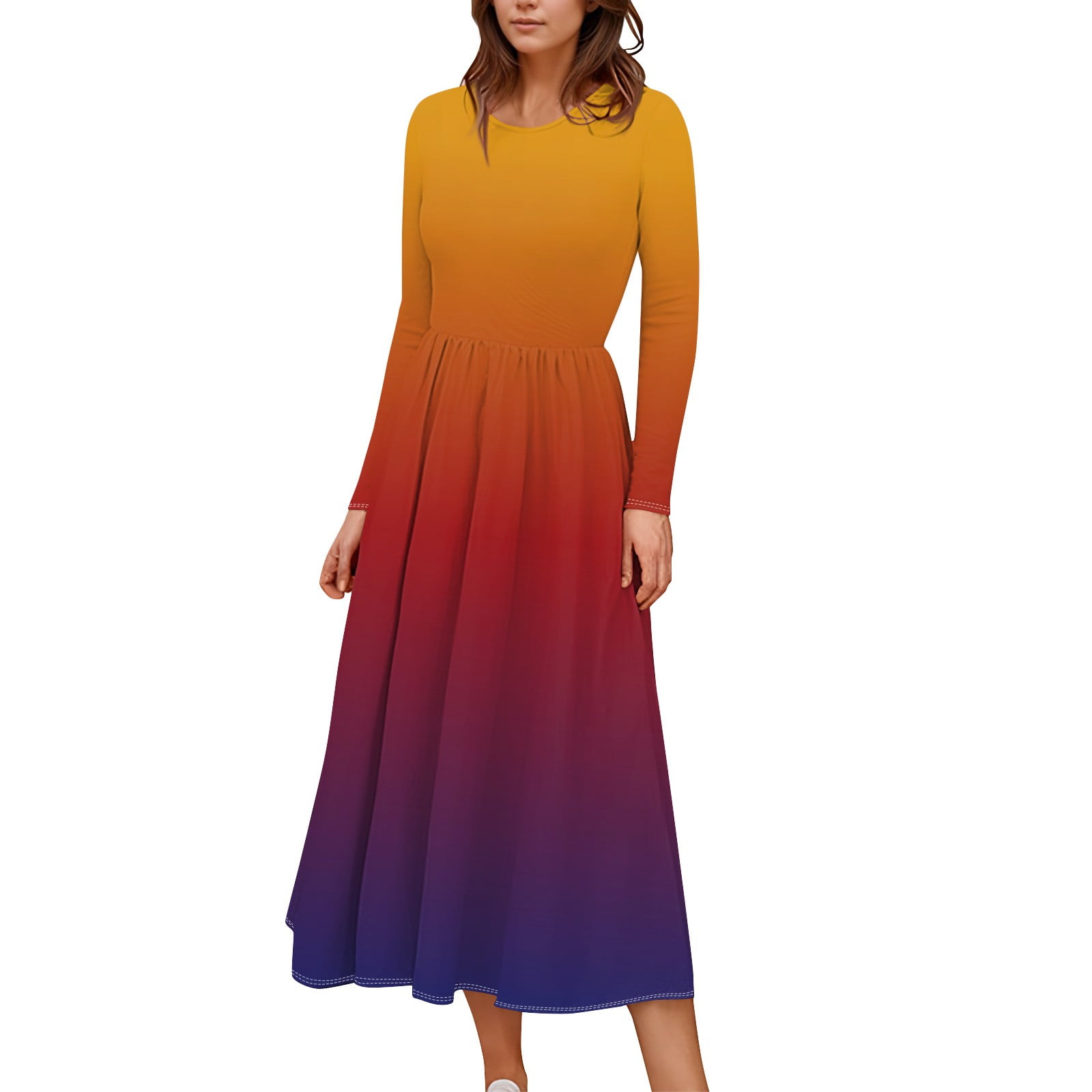FrzhBrz Winter Fall Dresses for Women Casual Gradient Long Sleeve Crew