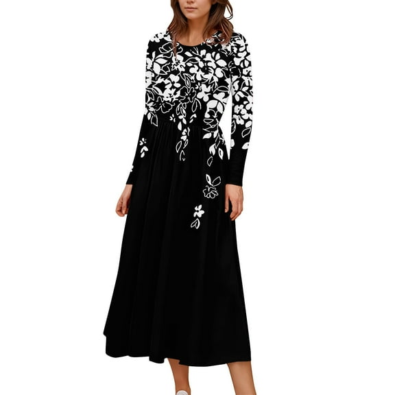 FrzhBrz Women Casual Long Sleeve Maxi Dresses Vintage Print Long Dress with Pockets