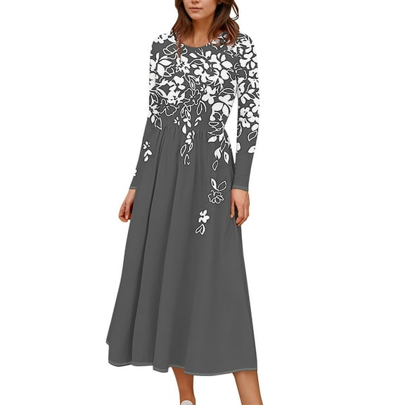 FrzhBrz Women Casual Long Sleeve Maxi Dresses Vintage Print Long Dress with Pockets