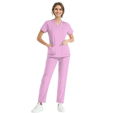 FrzhBrz Women Scrubs Set with Pocket Short Sleeve V-Neck Nurse Tops Uniform Solid Color Working Uniform Top Blouse with Pocket