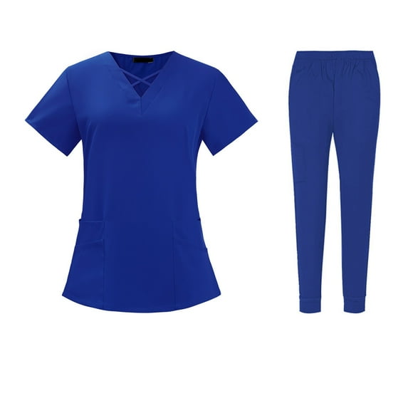 FrzhBrz Women's Cool Stretch Scrub Sets Crossing Top and Pants Nursing Scrubs Set Multi Pockets Medical Uniform
