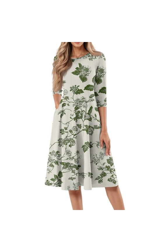 Women's Round Casual Dress Neck 3/4 Sleeves A-line Tshirt Dress with Pocket