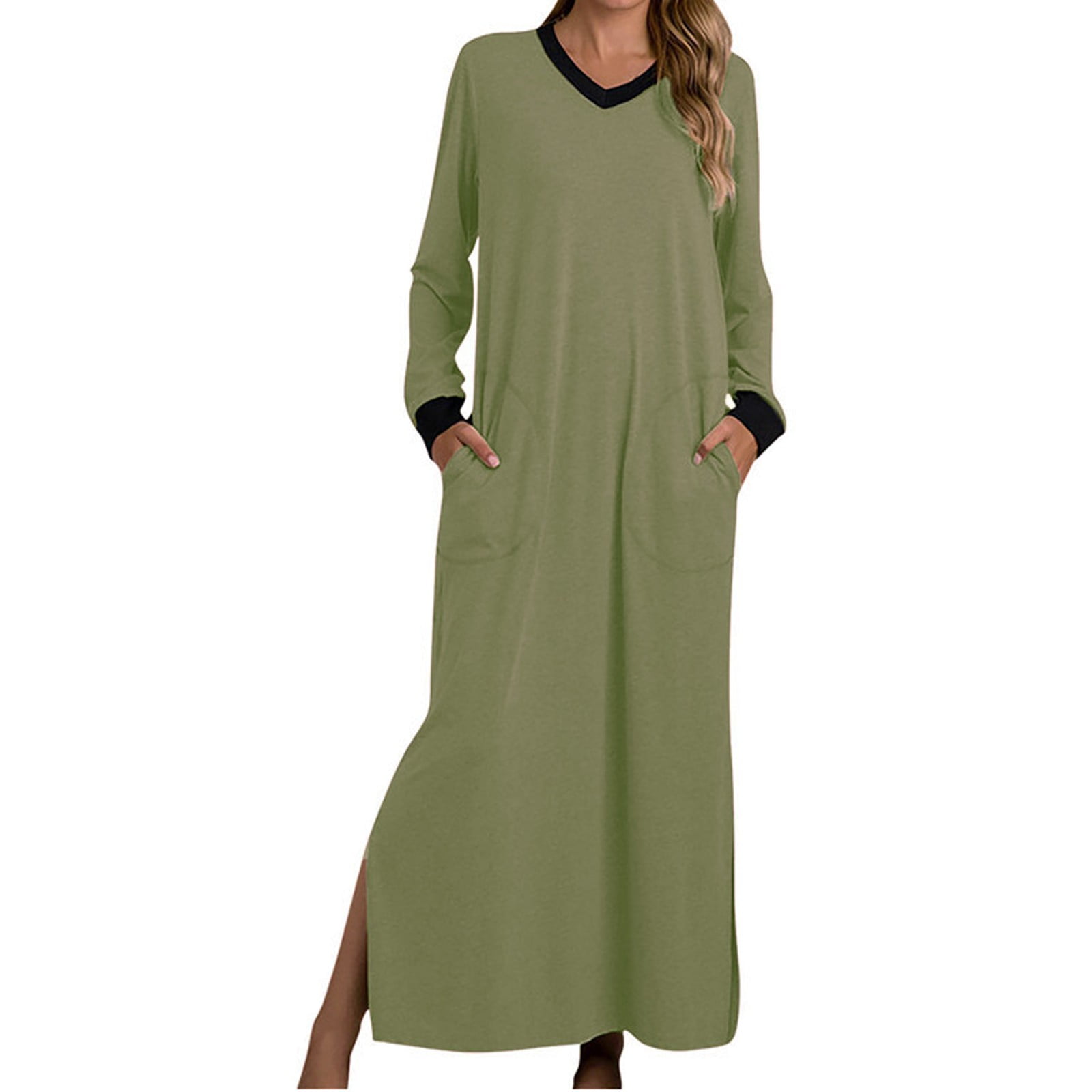 FrzhBrz Women's Long Sleeve Nightgown Flowy Hem Sleepwear Full Length ...