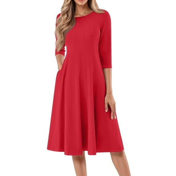 FrzhBrz Women's Loose Fit 3/4 Sleeve Round Neck Jersey Knit A-Line Solid Midi Dress