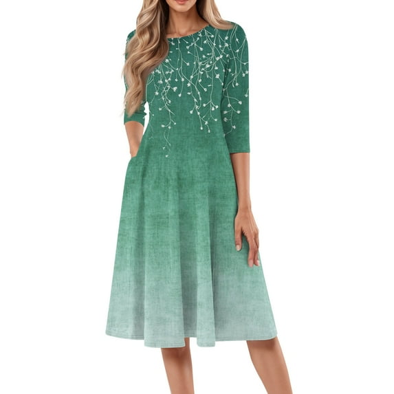 FrzhBrz Women's Plus A-Line Swing Dress Floral Printed 2025 Casual Cute Midi Dress 3/4 Sleeves Crew Neck Flowy Midi Dress with Pockets