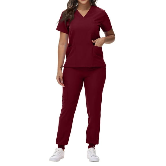 FrzhBrz Women's Scrub Set Basic Color Short Sleeve V-Neck Top and Jogger Pants Nursing Uniform Scrubs for Women