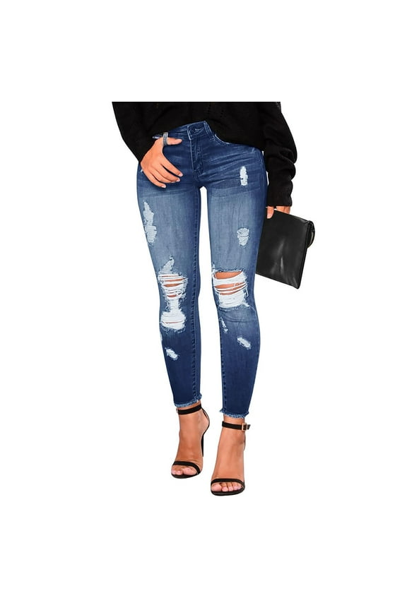 Women's Skinny Stretch Jeans Frayed Raw Hem Slim Fit Jeans Ripped Denim Pants