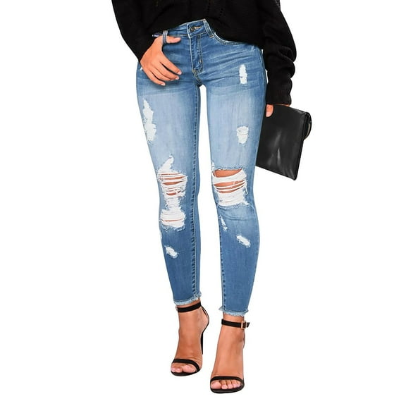 FrzhBrz Women's Stretchy Ripped Hole Skinny Jeans Butt Lifting Distressed Denim Pants with Pockets Trousers