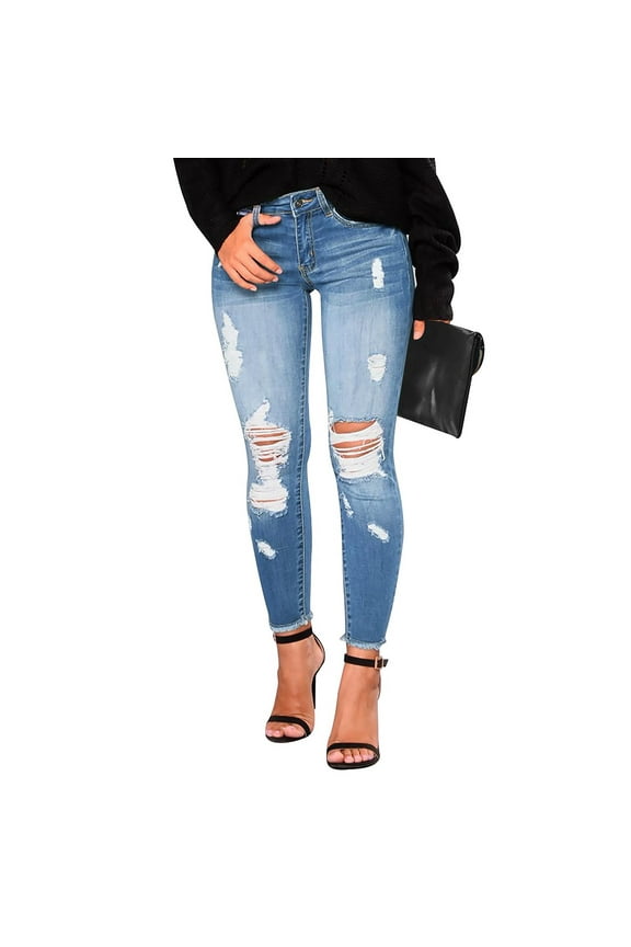 Women's Stretchy Ripped Hole Skinny Jeans Butt Lifting Distressed Denim Pants with Pockets Trousers