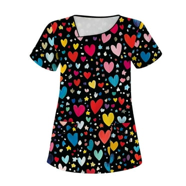 FrzhBrz Women's Valentines Day Printed Scrub Tops Plus Size Y-Neck Fun T Shirts Health Care Center Holiday Working Uniforms