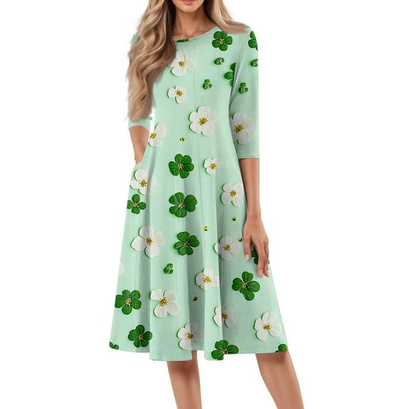 FrzhBrz Womens 2025 Spring Trendy Crew Neck 3/4 Sleeve A Line Vintage Print Flare Midi Dress Loose Casual Midi Long Dresses with Pockets