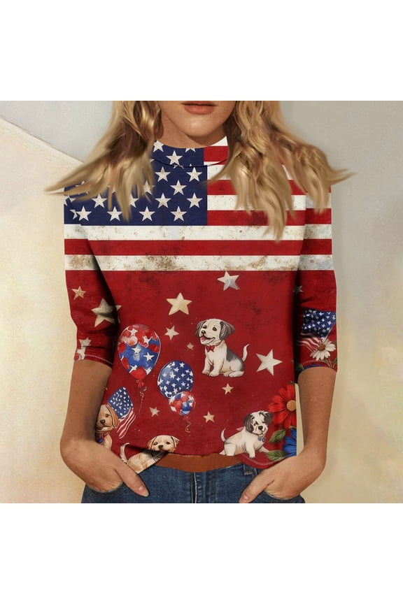 Womens 3/4 Length Sleeve 4th of July Tops Funny Flag Butterfly Pattern Shirt Crew Neck Loose Fit Tunic Tops for Women