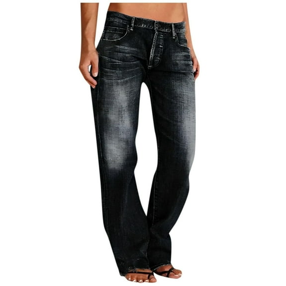 FrzhBrz Womens Jeans Distressed Long Straight Leg Button Down Low Rise Ripped Jeans Plus Size Distressed Denim Pants with Pockets