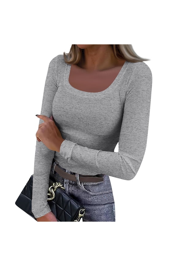 Womens Long Sleeve Tops Slim Fit T Shirt Stretchy Square Neck Tee Shirts Tops Basic Tee Tops Comfy Stretch Ribbed Knit Solid Shirt