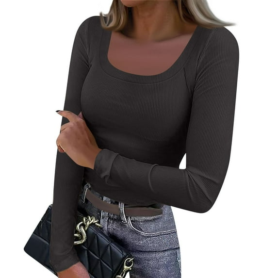 FrzhBrz Womens Long Sleeve Tops Slim Fit T Shirt Stretchy Square Neck Tee Shirts Tops Basic Tee Tops Comfy Stretch Ribbed Knit Solid Shirt