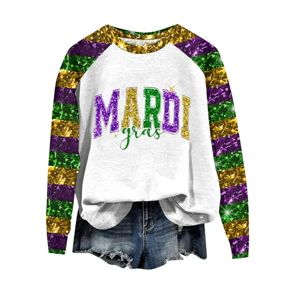 FrzhBrz Womens Mardi Gras Shirts Long Sleeve Round Neck Carnival Themed 3d Print Graphic Tees Novelty Party Blouses Casual Loose Fit Mardi Gras Tops